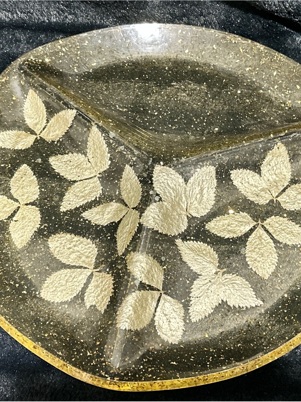MCM Lucite Divided Serving Tray With Leaf Inlay & Gold Color Glitter Flakes